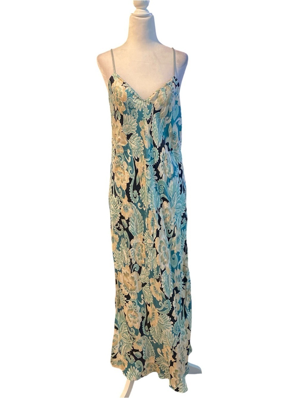 August silk vintage 90’s Floral Slip Maxi Dress in Teal and Cream